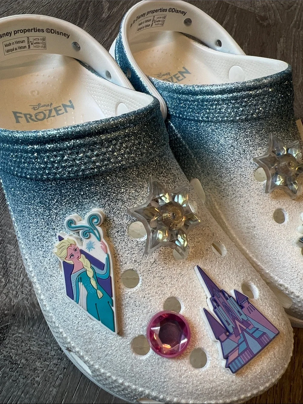 Disney Frozen Crocs Platform Glitter Ombré Clogs Women's Size 7 White & Blue
